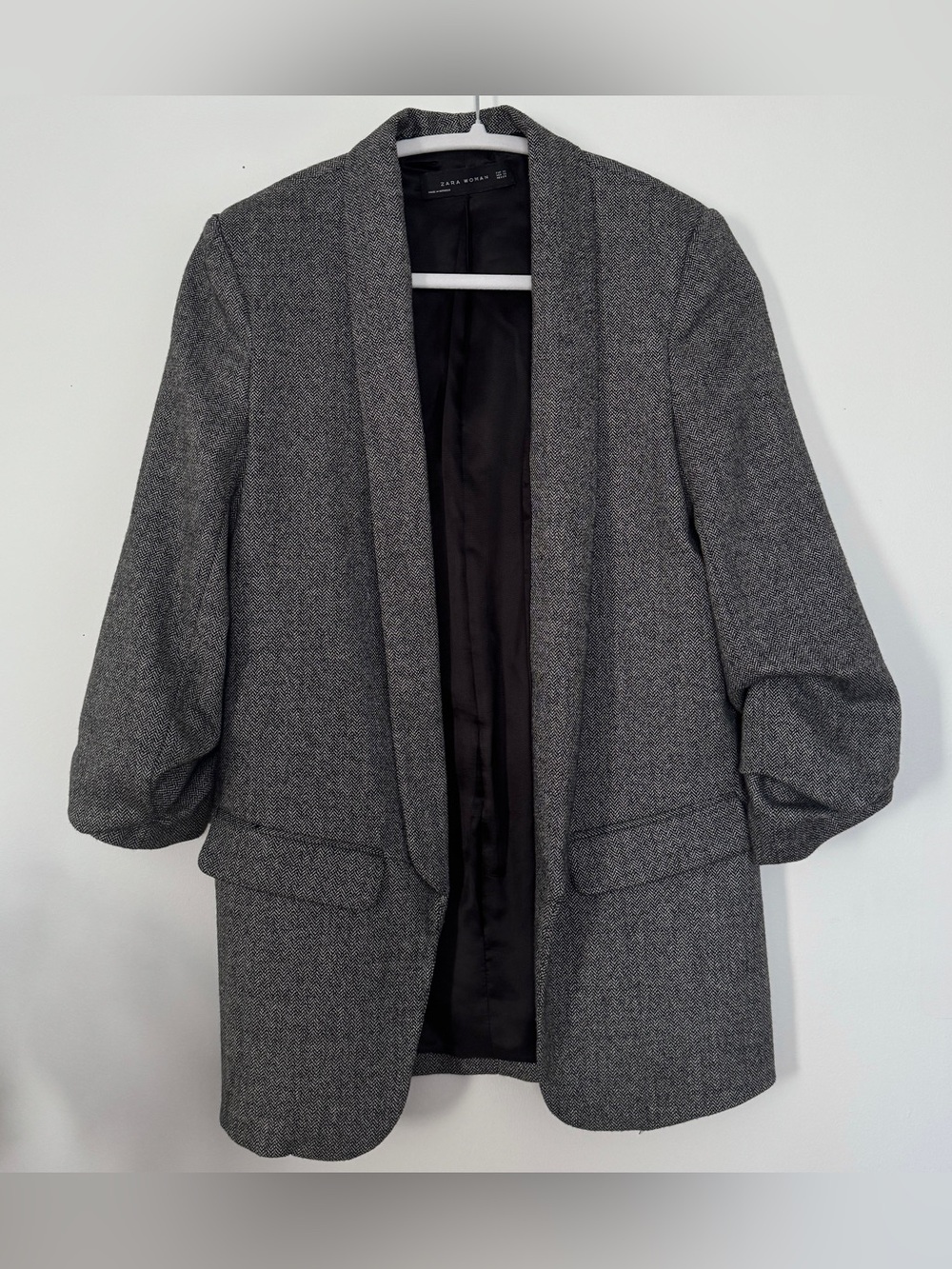 Zara Gray Herringbone Open-Front Blazer